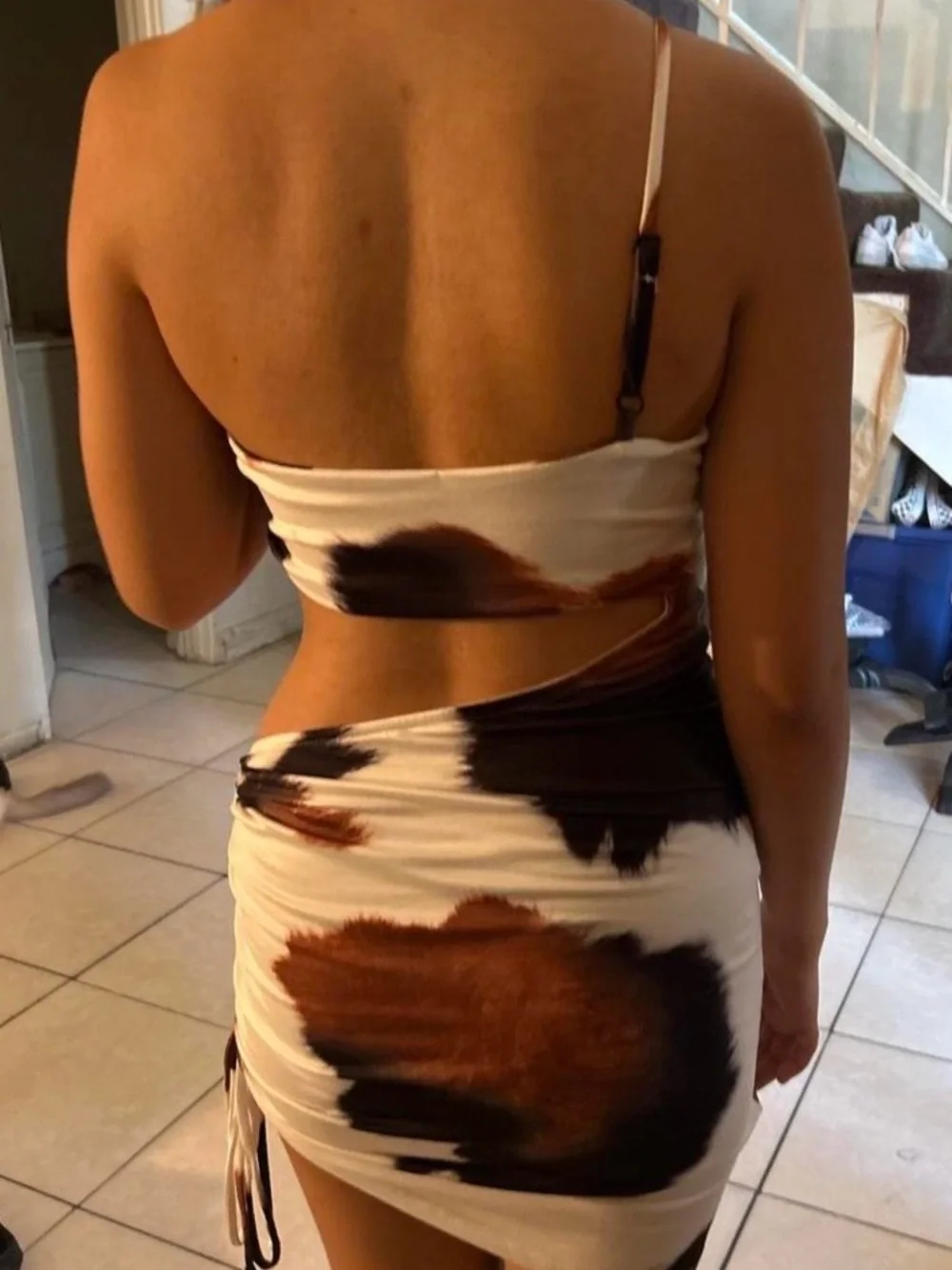 Cutout Mini Skirt in Cream with Brown & Black Spot Print
